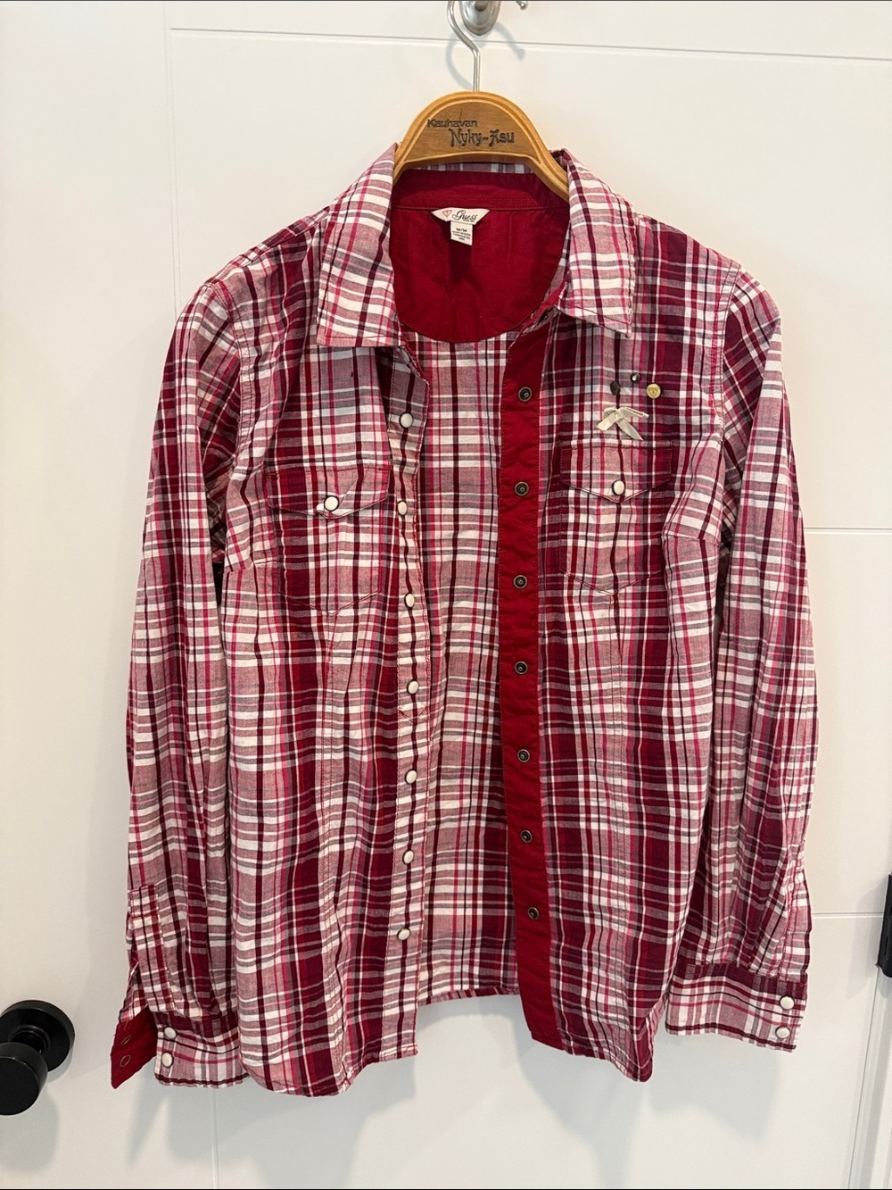 GUESS Red and White Plaid Button-Down Shirt
